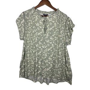 Womens Woven Printed Jacquard Flutter Sleeve Top with Split Neckline Size Large